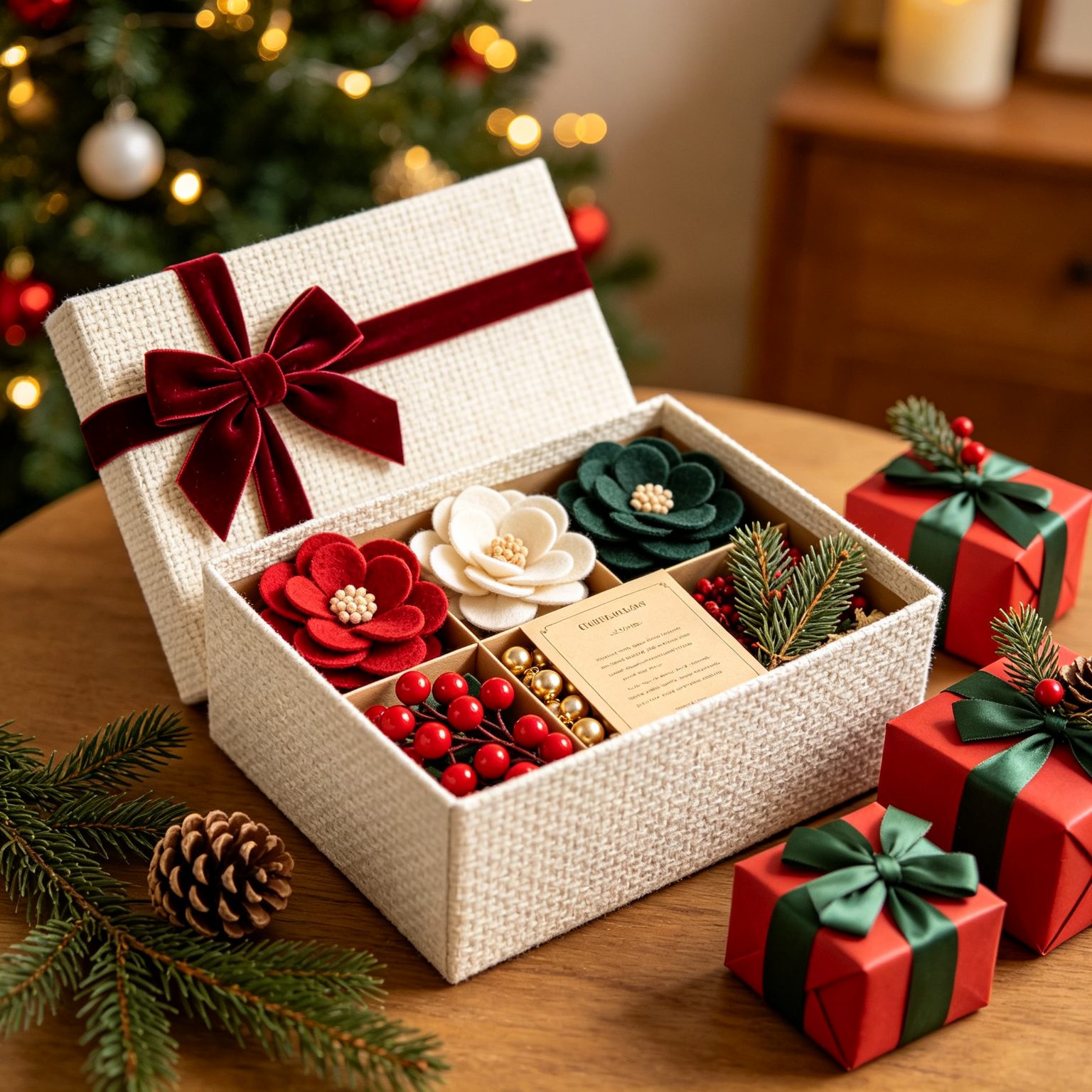 Christmas fabric flower DIY kit presented as a gift box