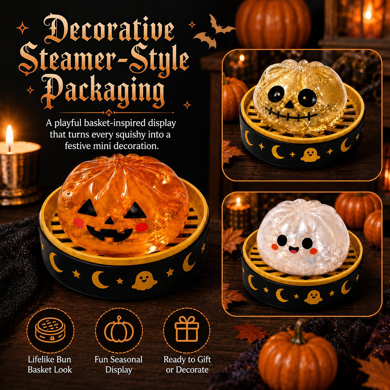 Halloween dumpling squishies in decorative steamer style baskets