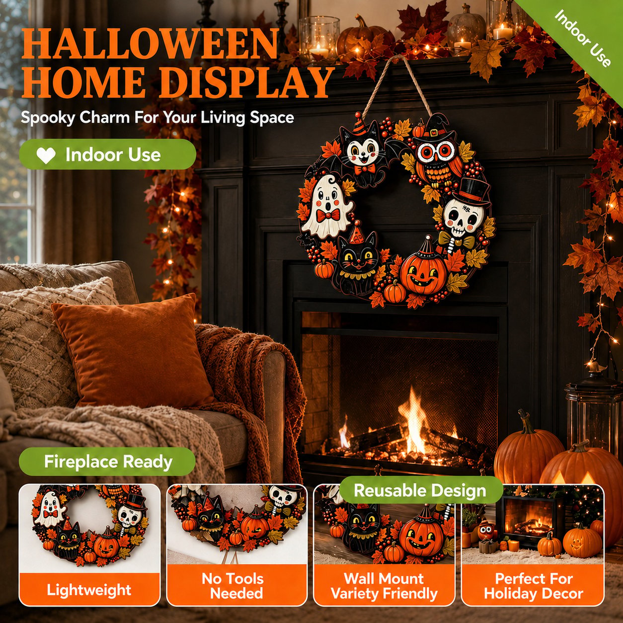 Lightweight Halloween wooden door hanger with included hanging rope