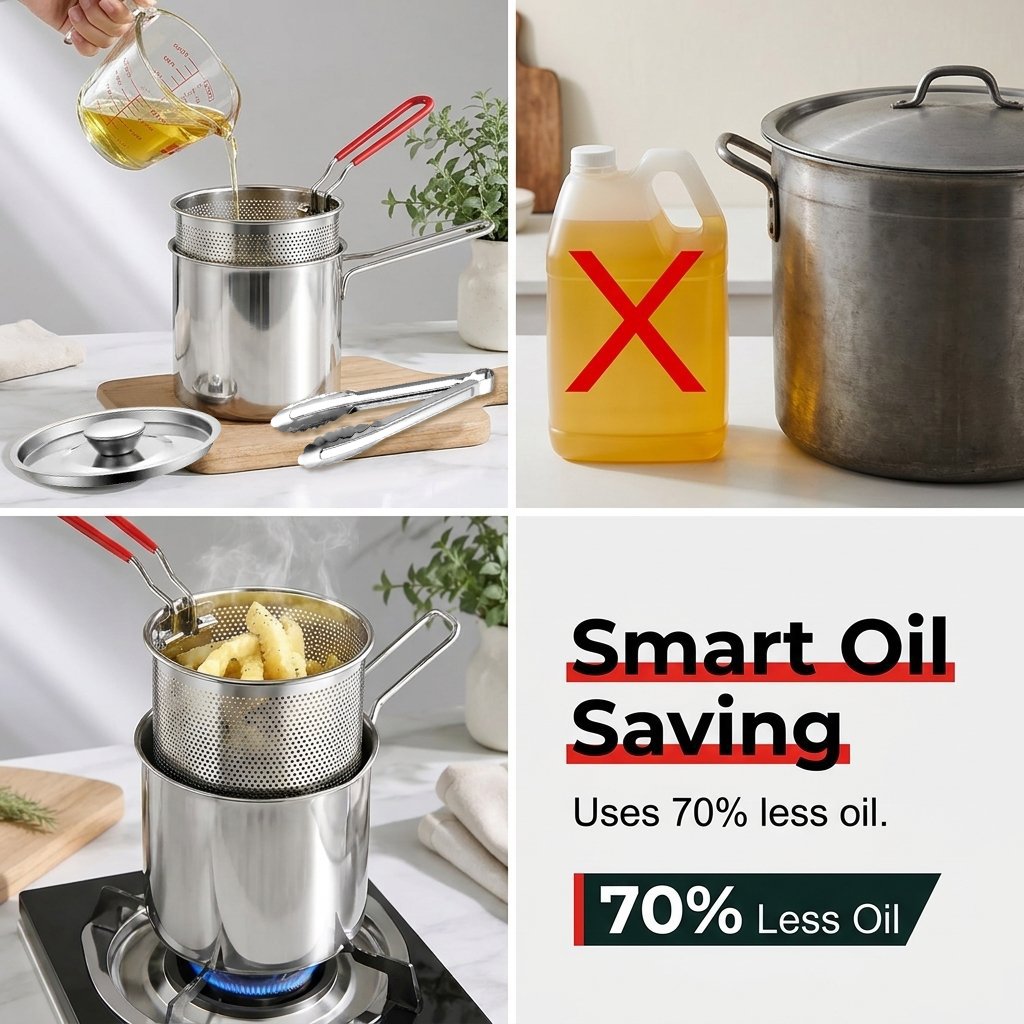 Complete stainless steel frying pot basket lid and tongs set