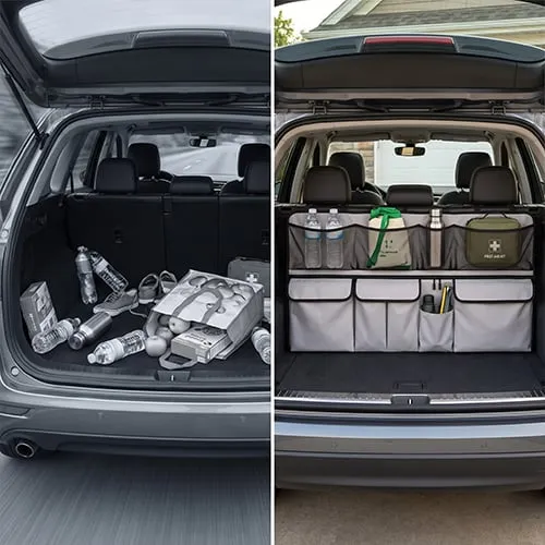 Car trunk organizer keeps stored items secure