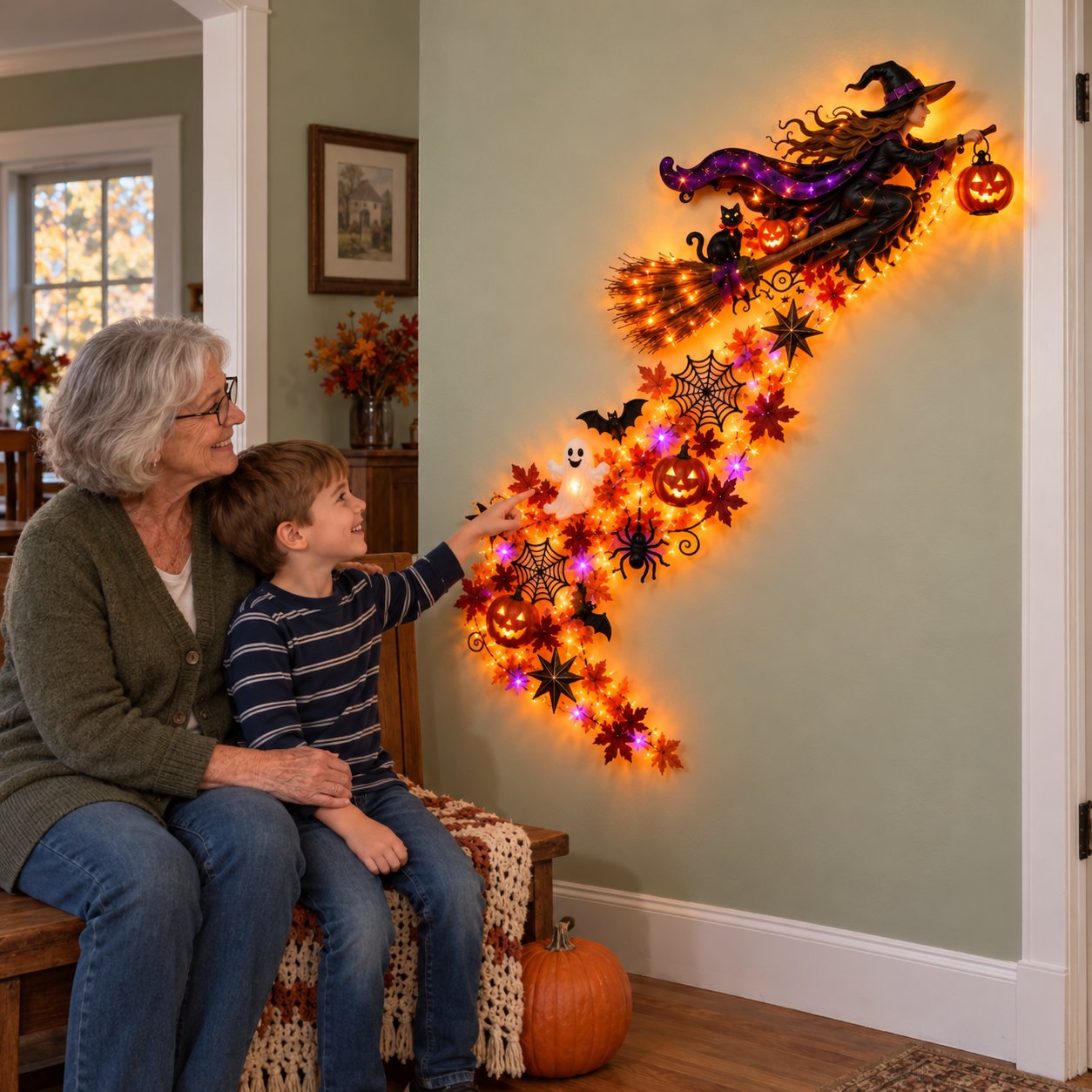 Grandparent and grandson enjoying a Ghost Halloween display