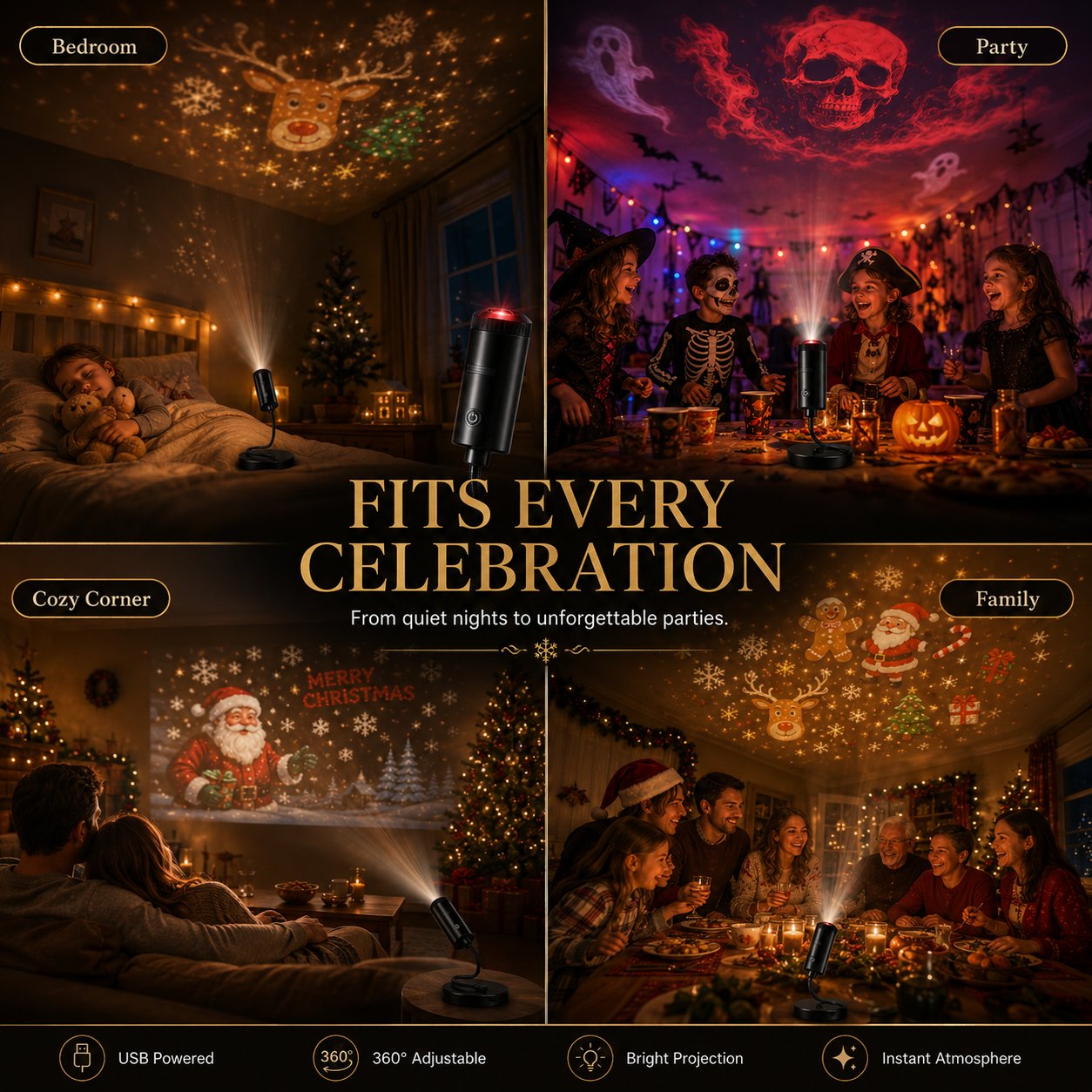 Portable holiday projector for multiple celebration settings