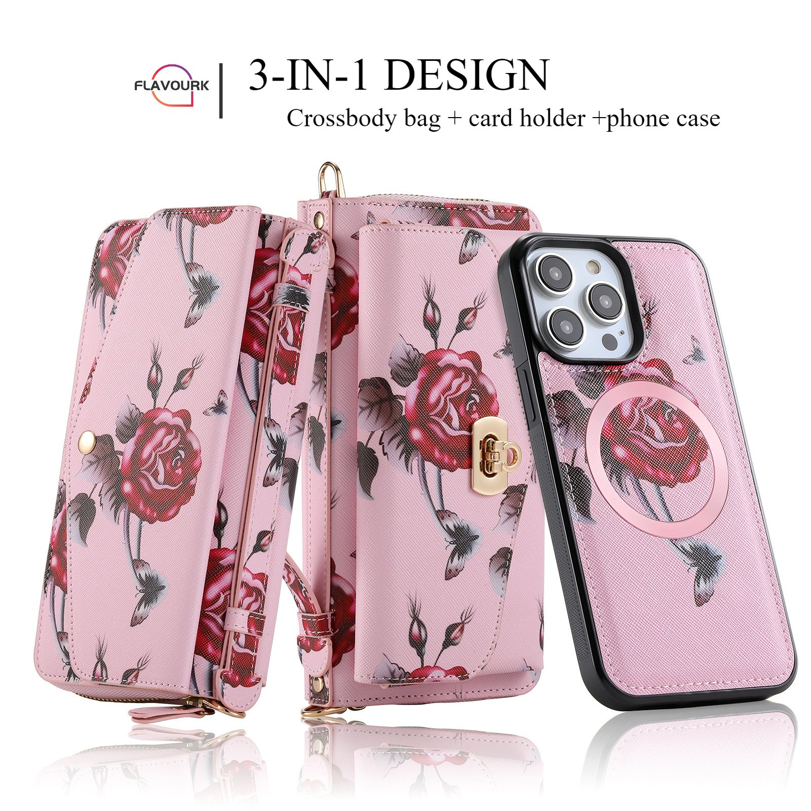 3in1 Crossbody Handbag Painted Flower Phone Case Bag for iPhone