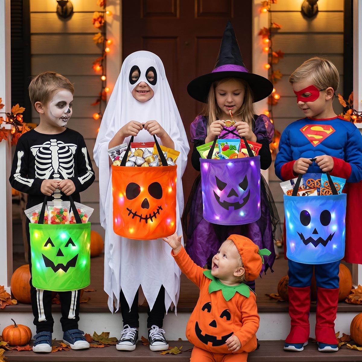 3/4 Pcs Halloween Candy Bucket with LED Lights Non Woven Gift Bags Trick or Treat Bags Pumpkin Candy Bags Reusable Tote Bags for Kids Students Adults, Night Light Bags for Home Garden Lawn Decorations, Halloween Birthday Christmas Party Favor Supplies