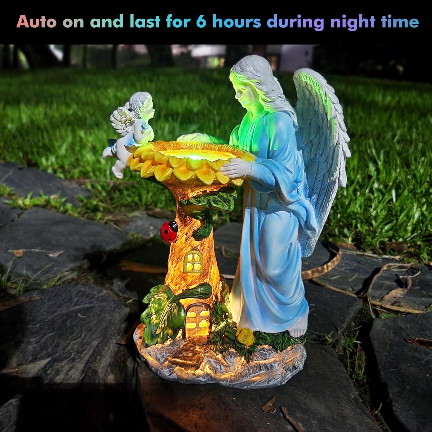 Solar Angel Outdoor Decor with Color Changing Light Sunflower Statue  Sculpture Lawn Ornament Yard Art for Patio Lawn Housewarming Garden