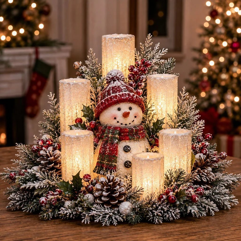 Christmas Lighted Centerpiece with warm flameless candle glow