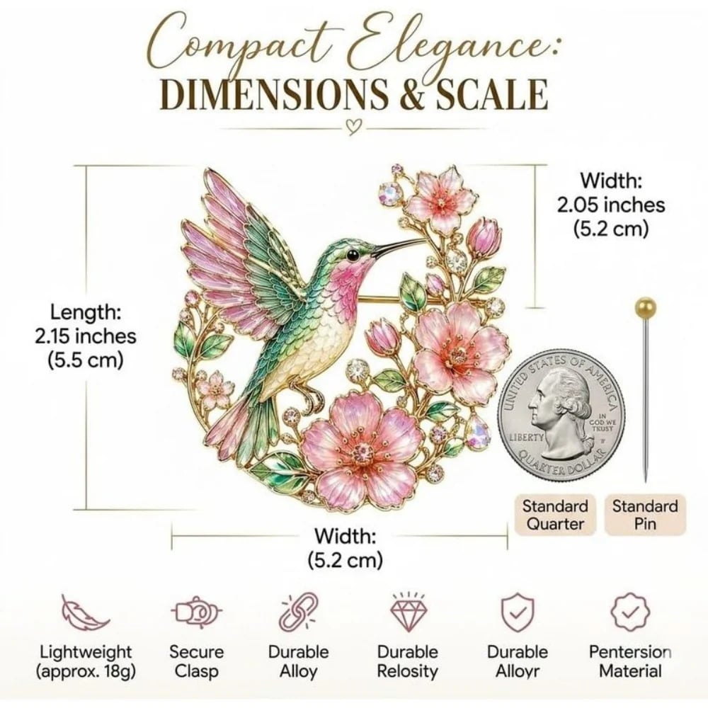 Hummingbird blossom brooch detail image