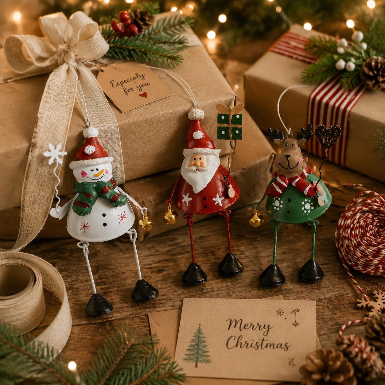 Hand-painted metal Santa snowman and reindeer Christmas ornaments
