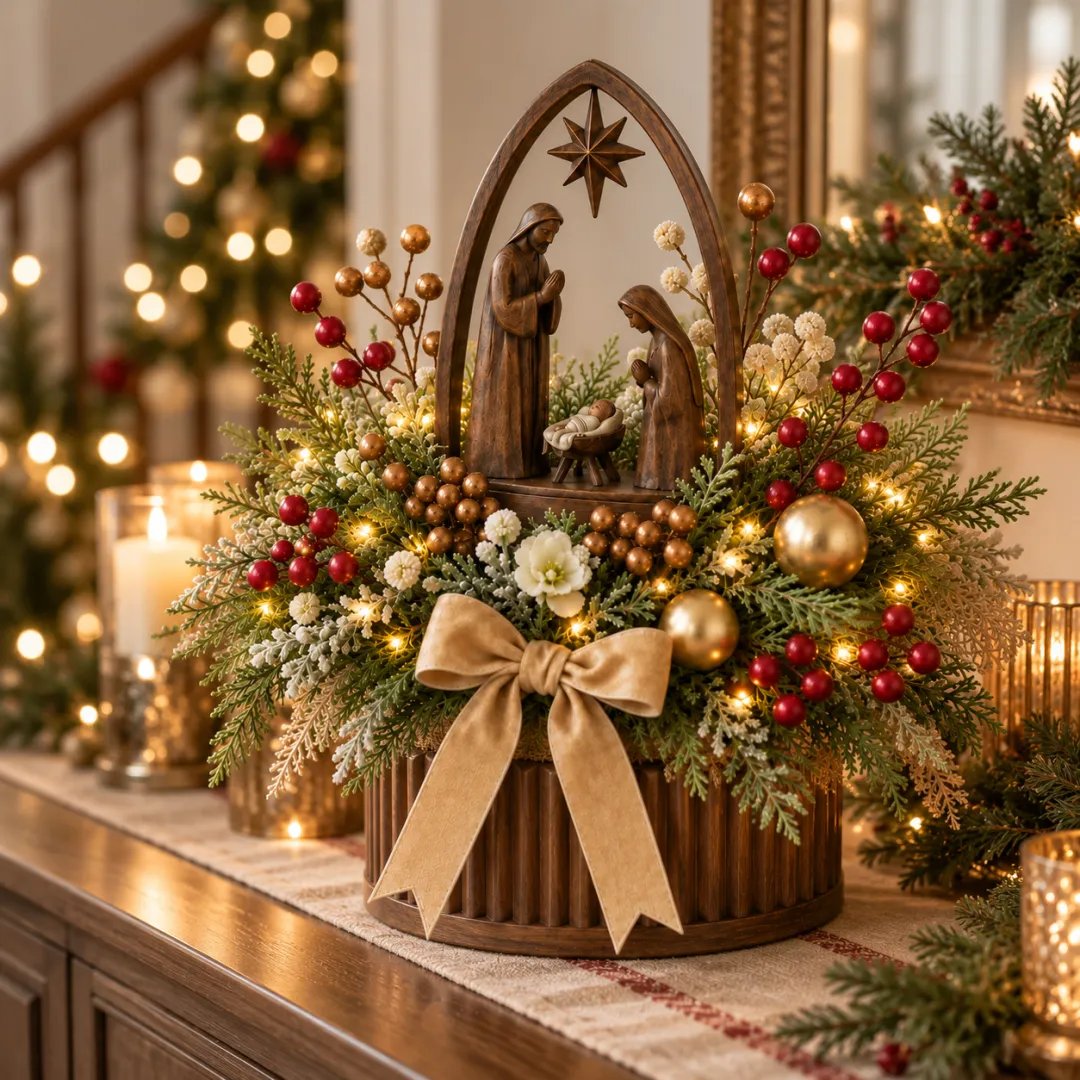 Nativity centerpiece glowing warmly on a Christmas mantel