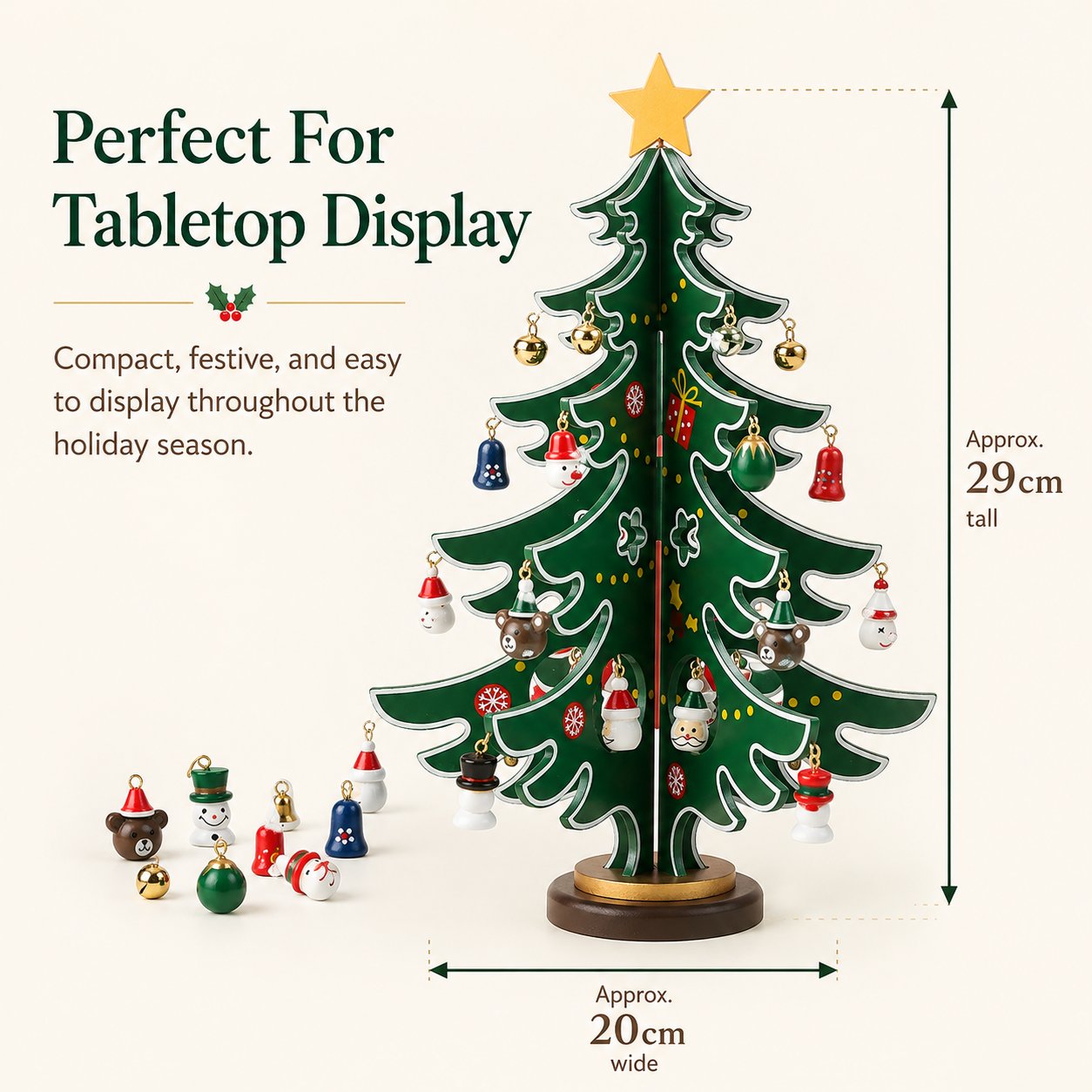 Wooden Christmas Advent tree size guide showing approximately 29 centimeters tall and 20 centimeters wide