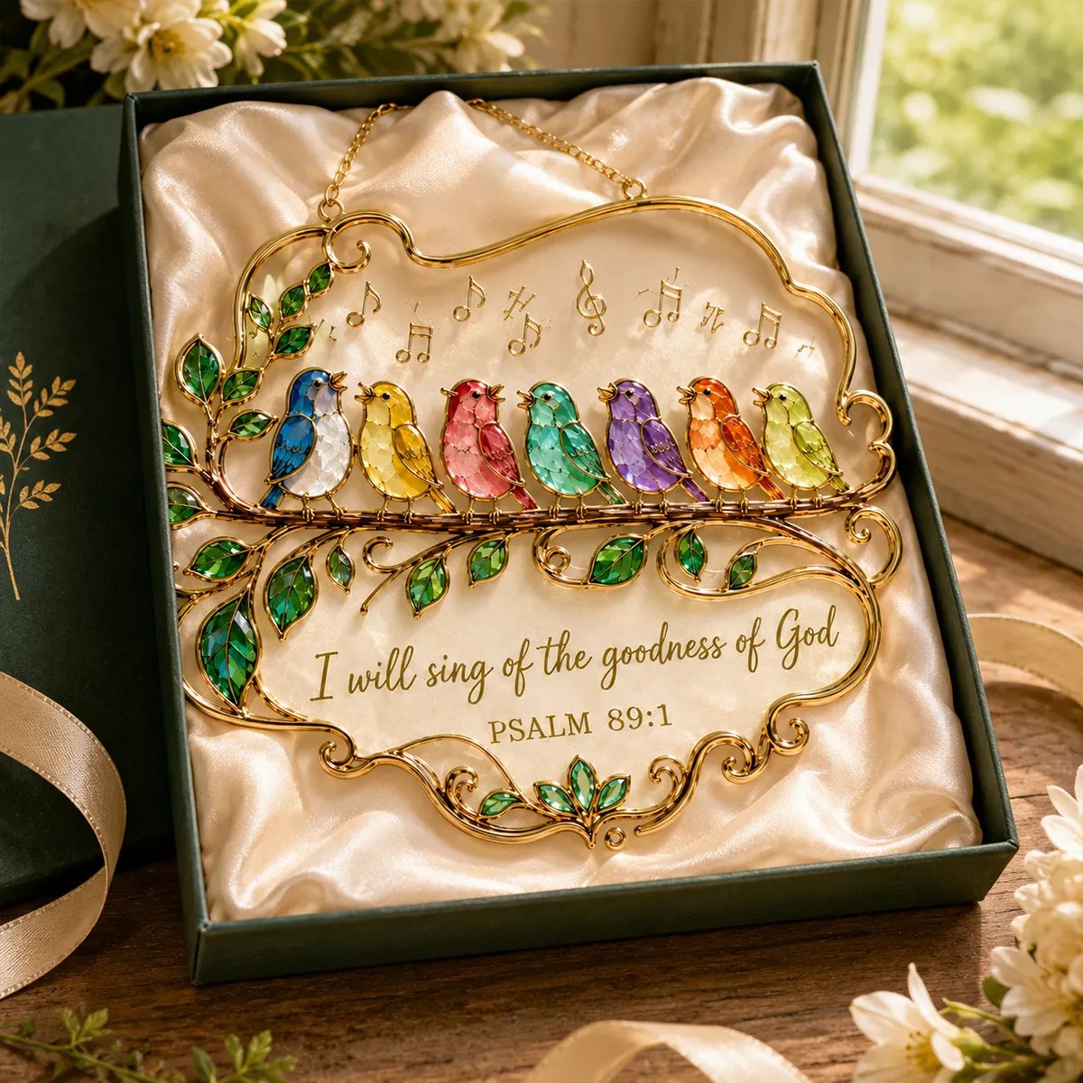 Elegant gold-tone frame with musical notes and scripture