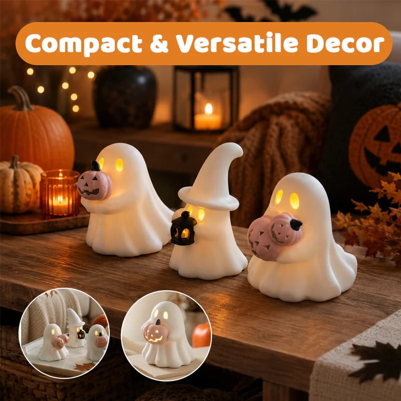 Cute Halloween ghost decor with pumpkins and fall display