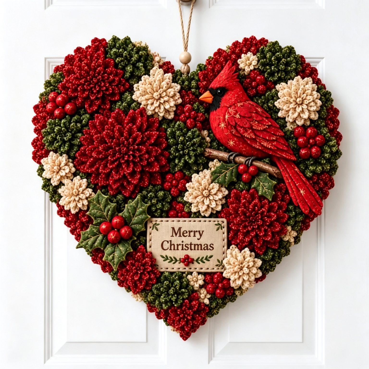 Cardinal heart wreath fabric flower door hanging design
