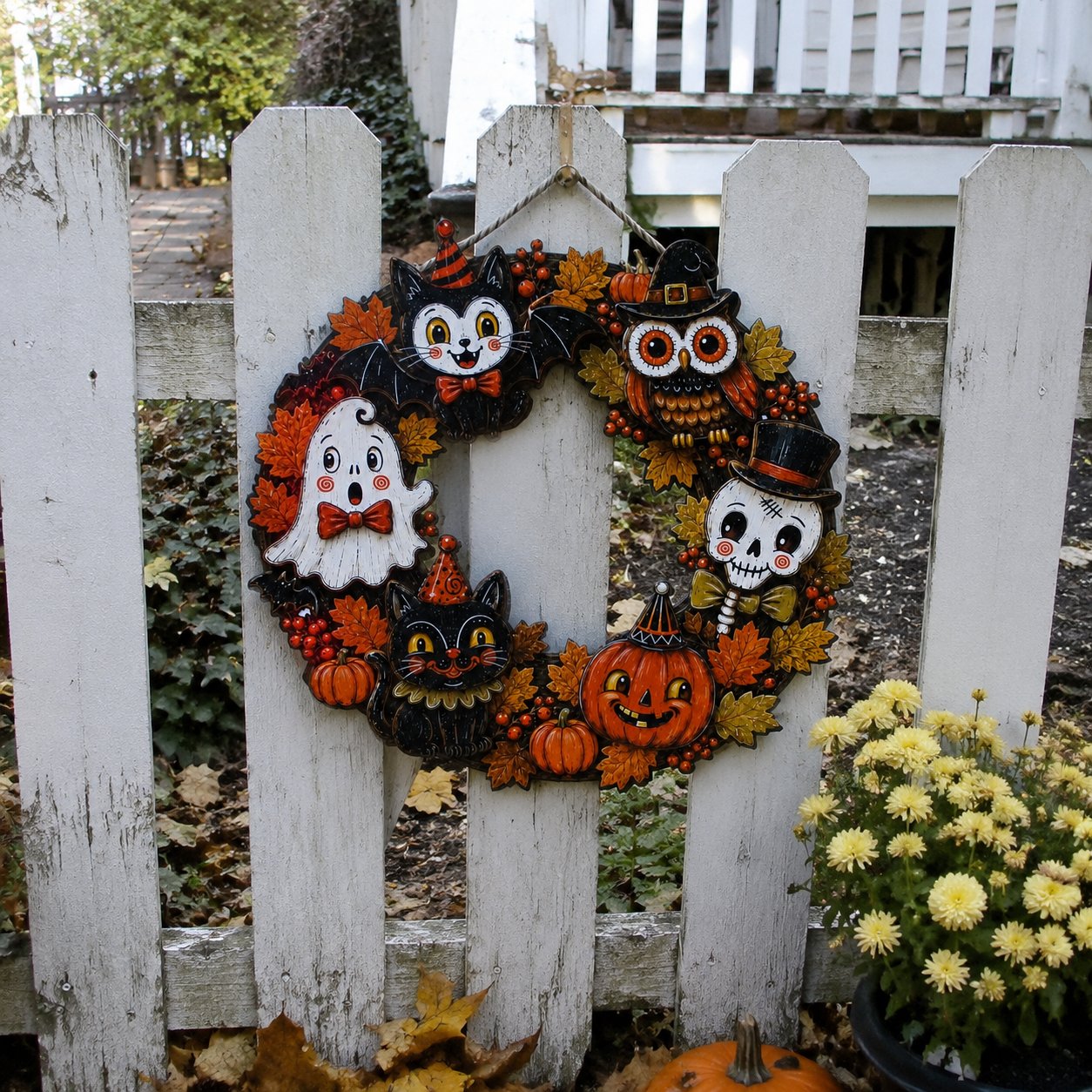 Customer photo of the Halloween wooden sign displayed on a porch railing