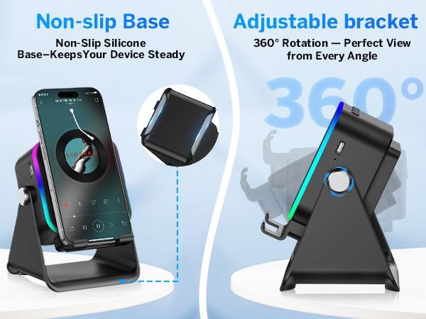 Wireless Induction Audio Speaker Stand, 5in1 Cellphone Holder, 3500mAh Rechargeable Emergency Power Bank,360° Adjustable Mobile Tablet Stand with Colorful Ambient Light Gifts for Men Women