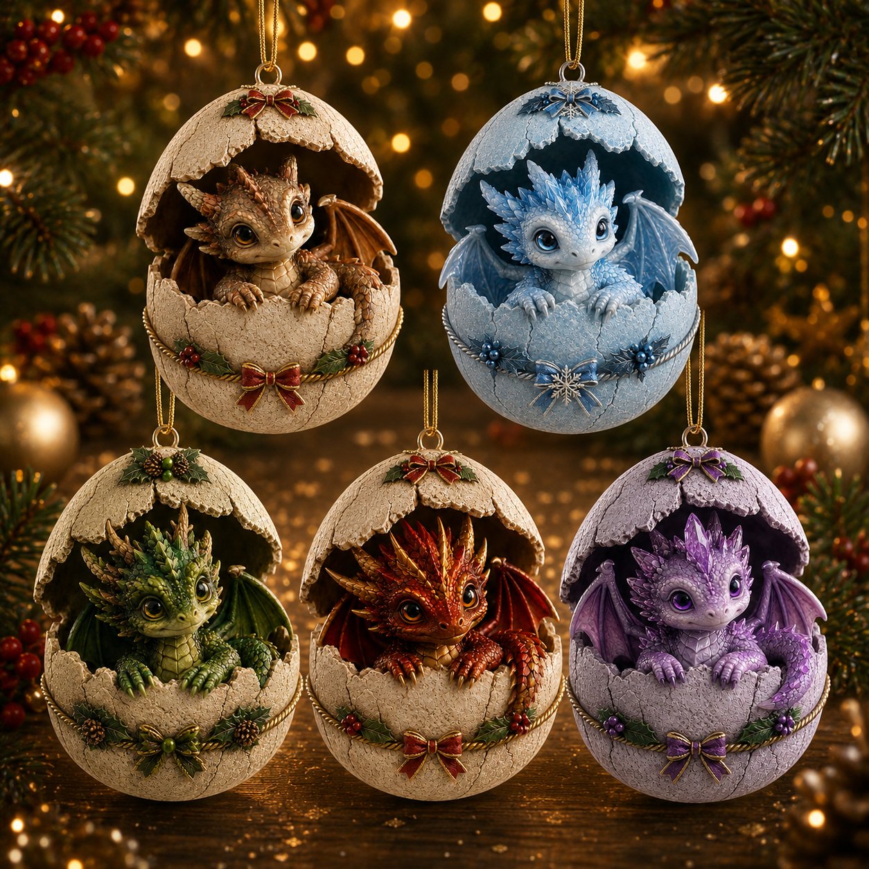 Five styles of dragon egg Christmas ornaments