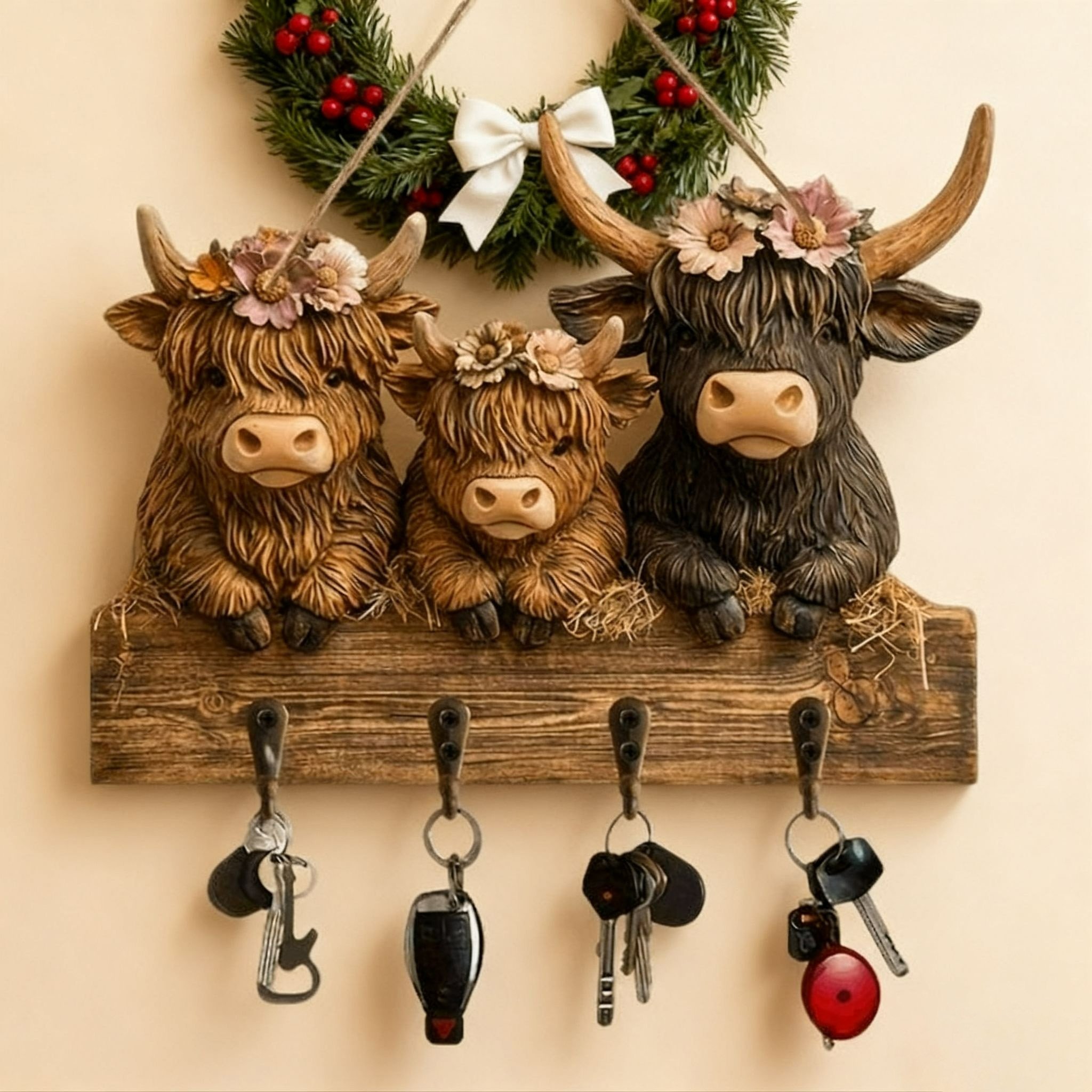 🎄Rustikale Holzfigur einer Hochlandkuh🐮