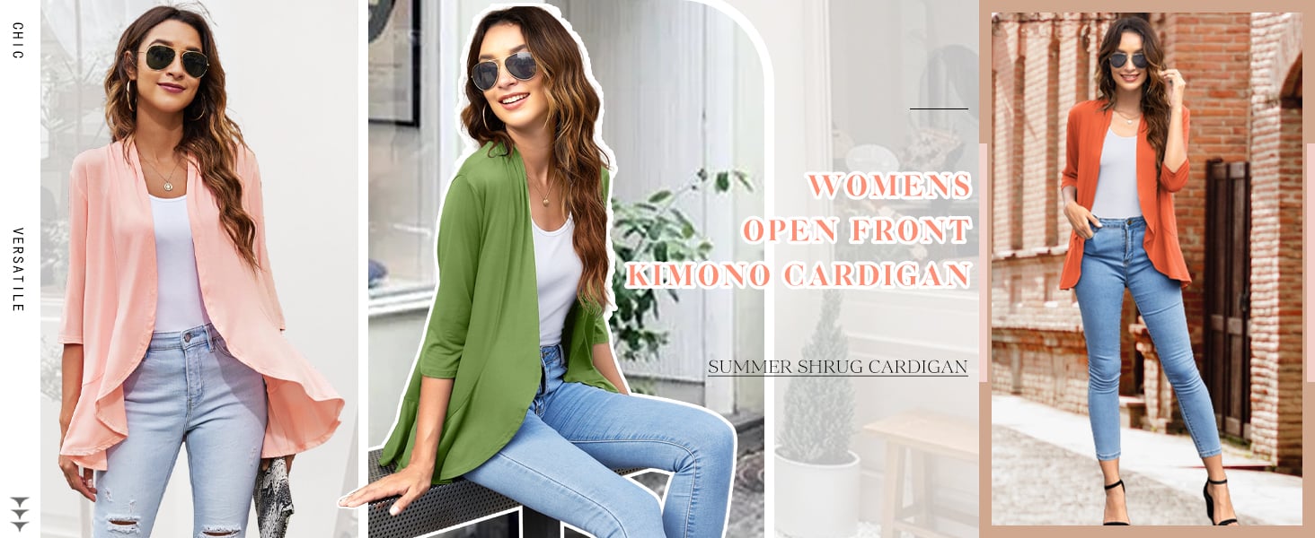 Women Casual Lightweight 3/4 Sleeve Wrap Cardigans Soft Drape Open Front Loose Kimono Cardigans