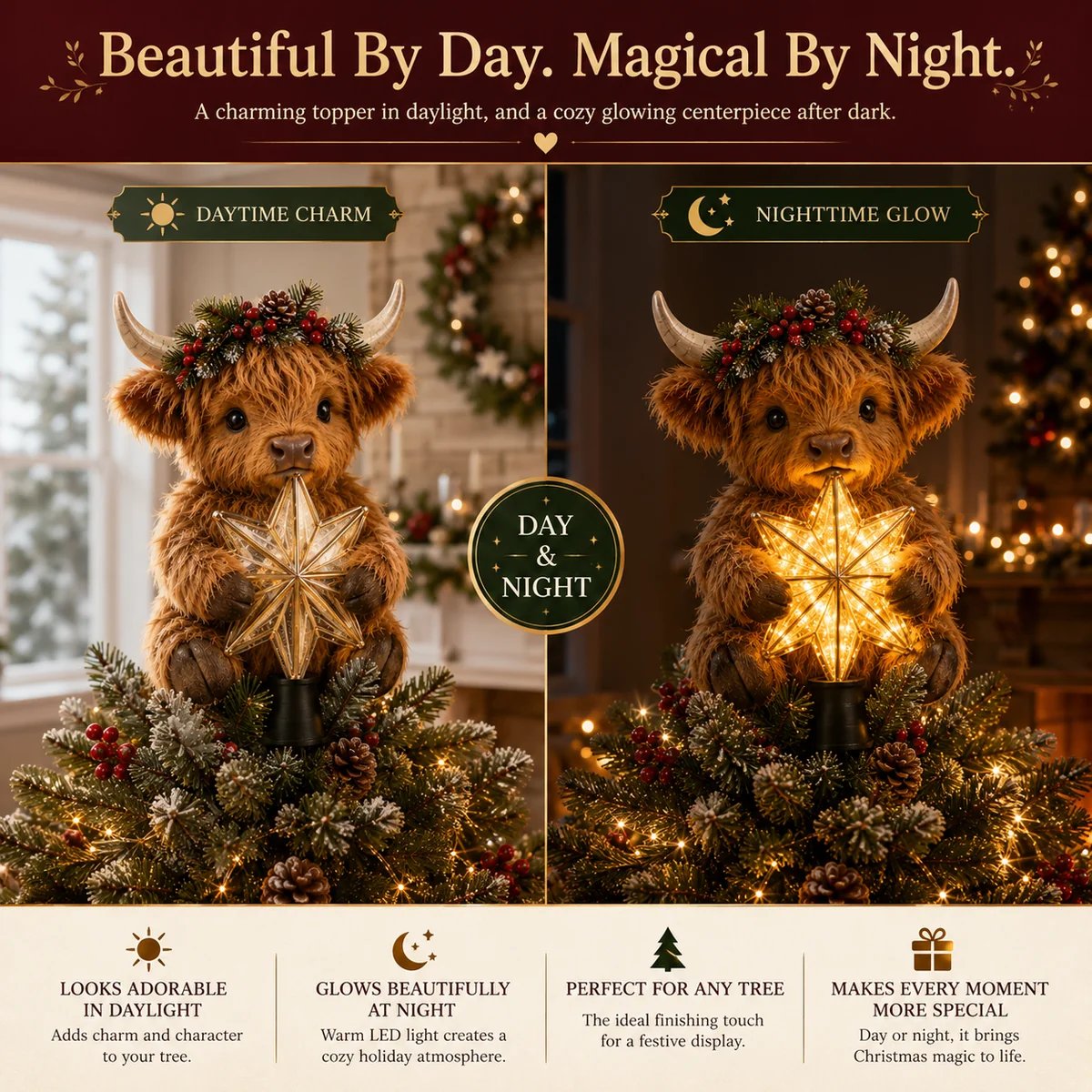 Highland Cow Tree Topper Day and Night Highland Cow Tree Topper Day and Night