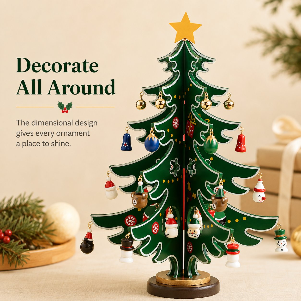 Dimensional wooden Christmas tree decorated with miniature ornaments around multiple sides