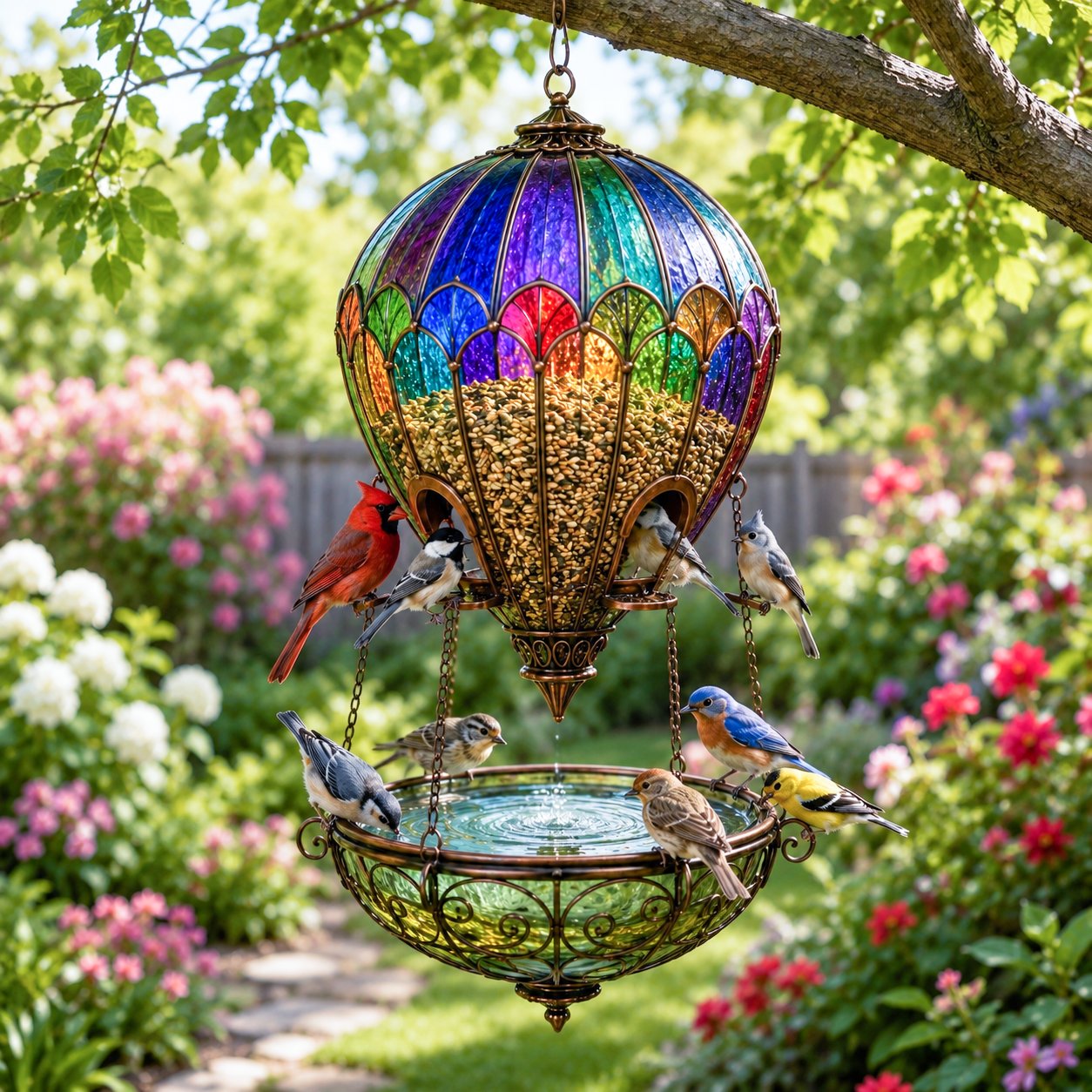 Decorative hanging bird feeder styled outdoors