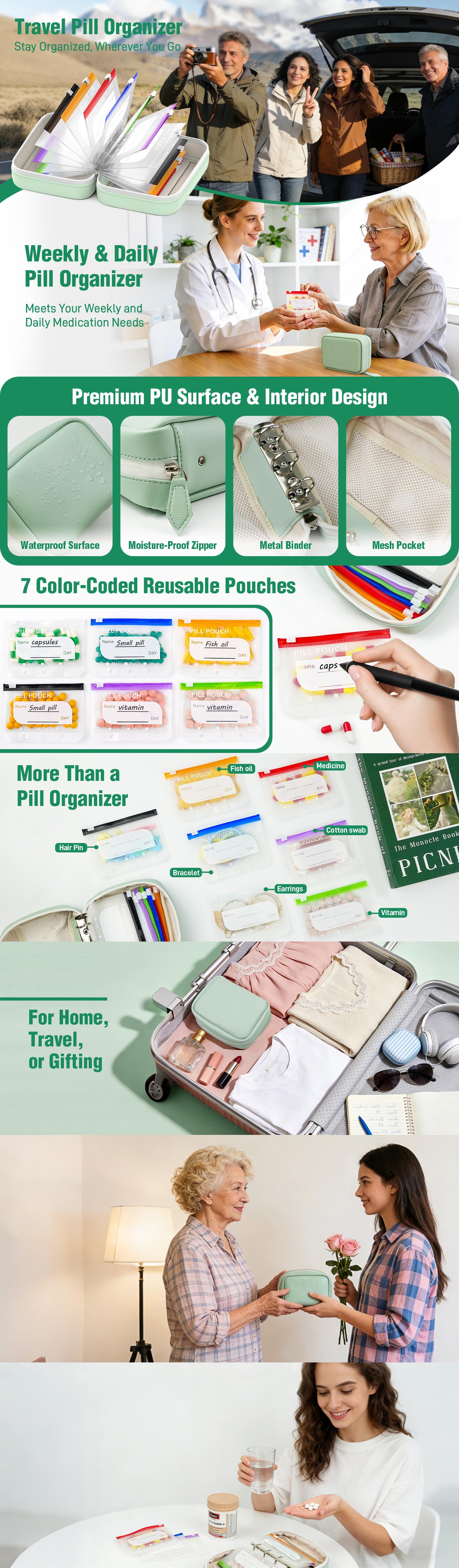 A8 Waterproof Pill Pouch Set, Large Weekly Pill Organizer with 14 Color-Coded Medicine Pouches, Reusable Travel Medicine Organizer, Zippered Pill Storage for Fish Oils, Vitamins, dealsforyou, summerwins