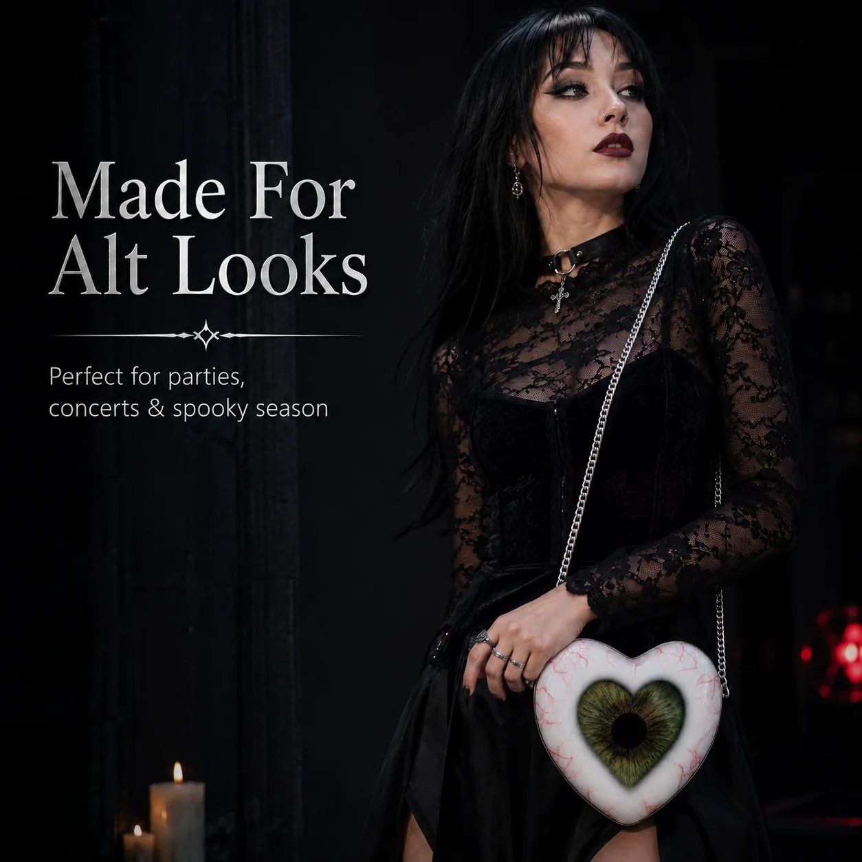 Gothic outfit with heart eye crossbody bag