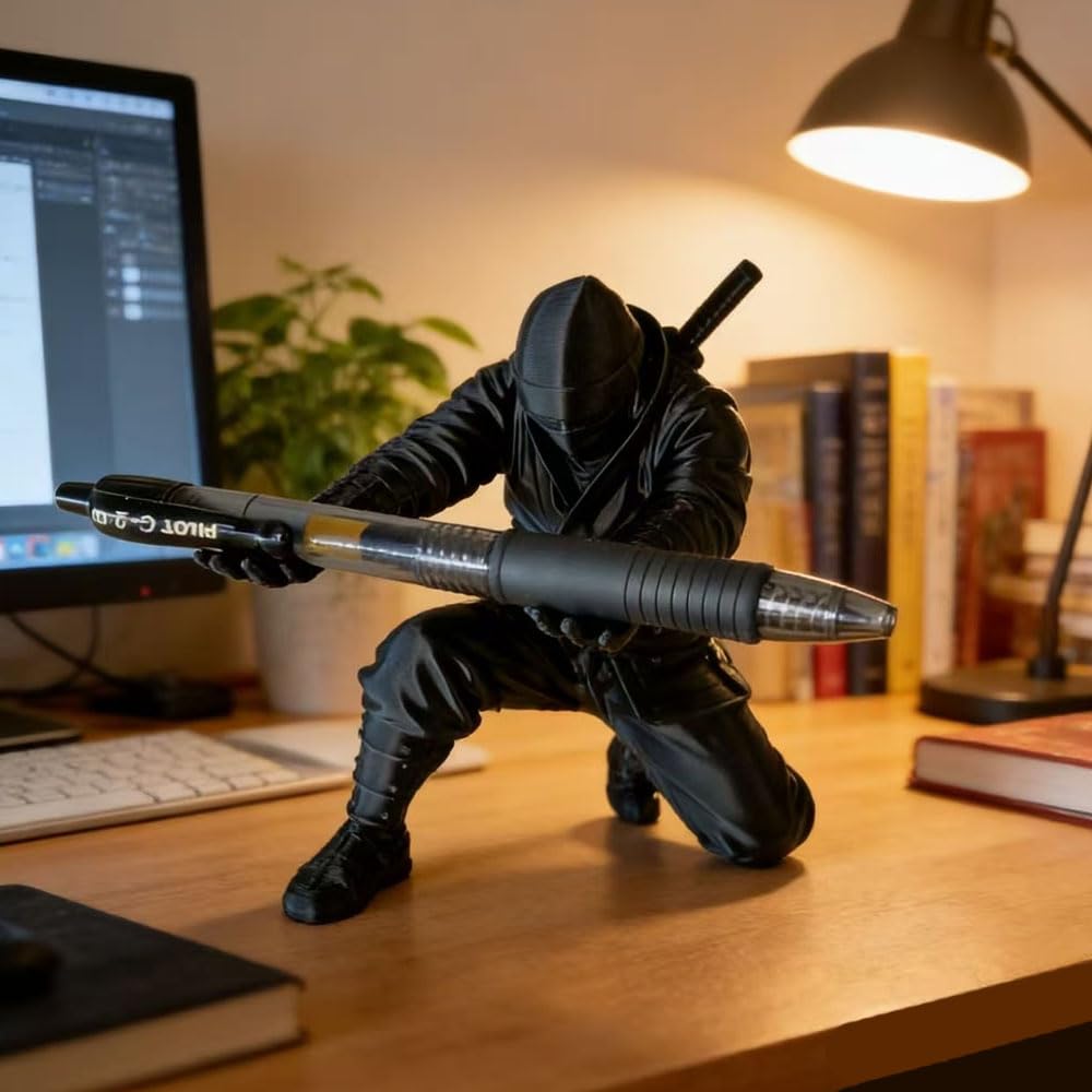 Ninja Pen Holder on an office desk holding a black pen Ninja Pen Holder on an office desk holding a black pen