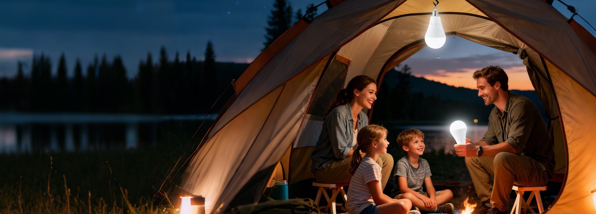 Family using rechargeable emergency light bulbs while camping