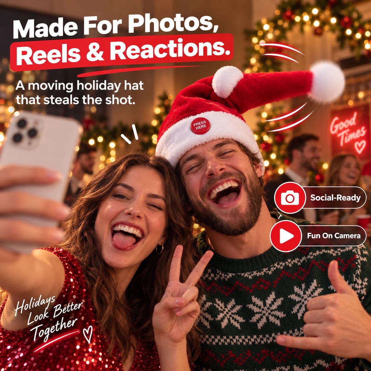 Couple taking Christmas selfie with animated Santa hat