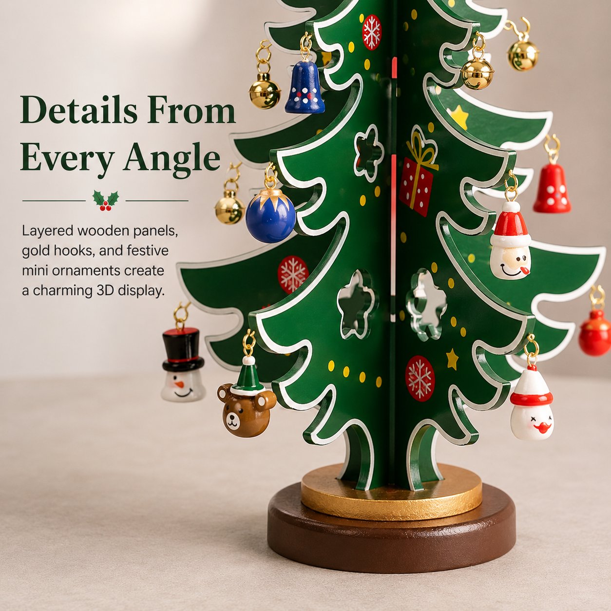 Close-up of wooden Christmas tree panels, gold hooks and miniature holiday ornaments