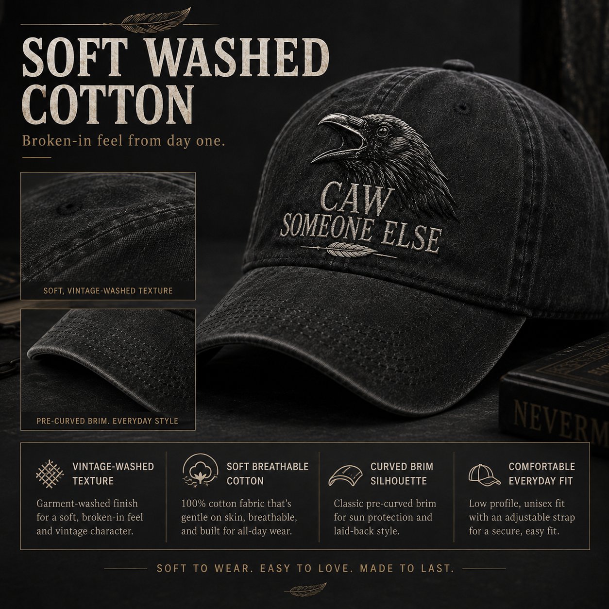 Vintage washed cotton raven cap details
