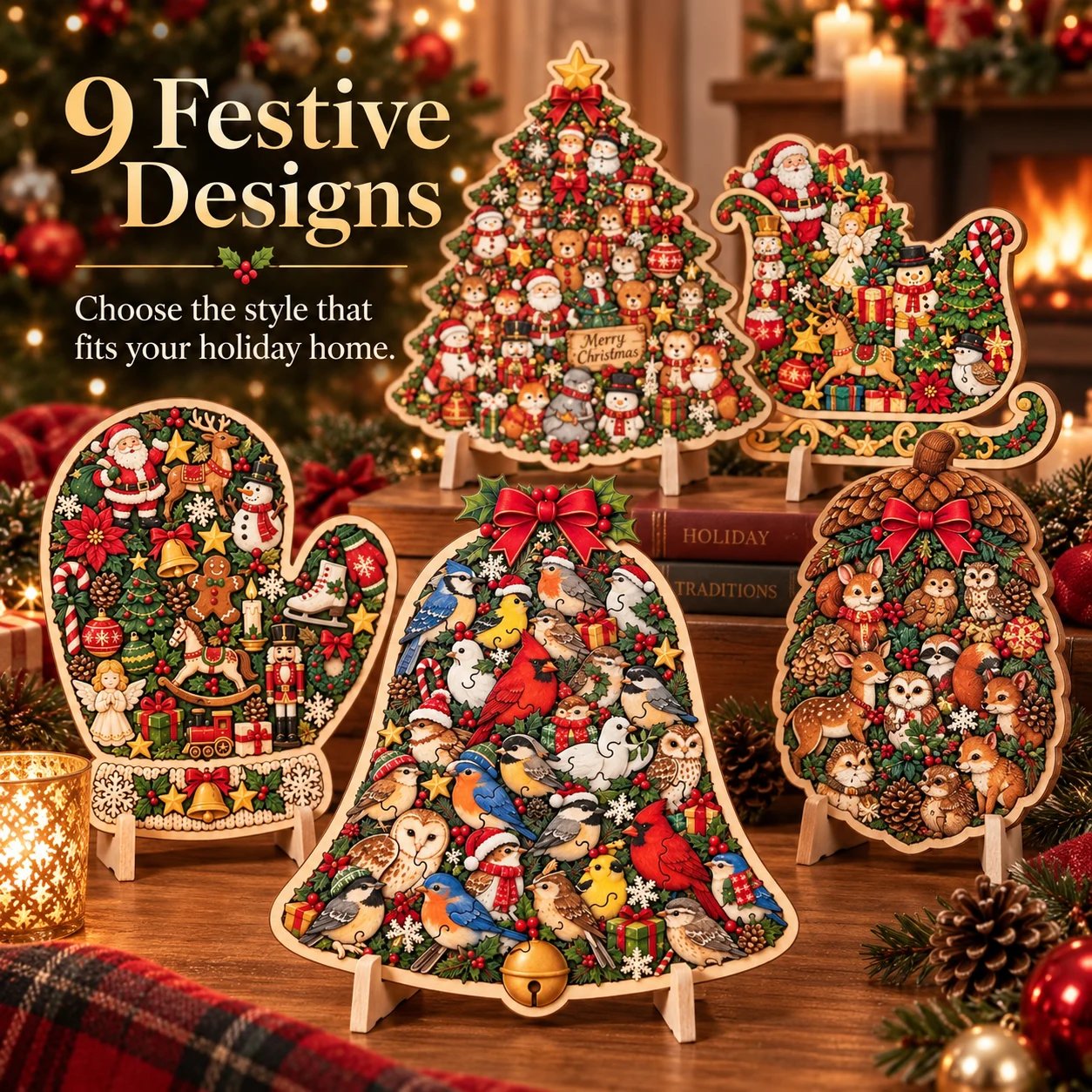 Nine festive wooden Christmas puzzle designs