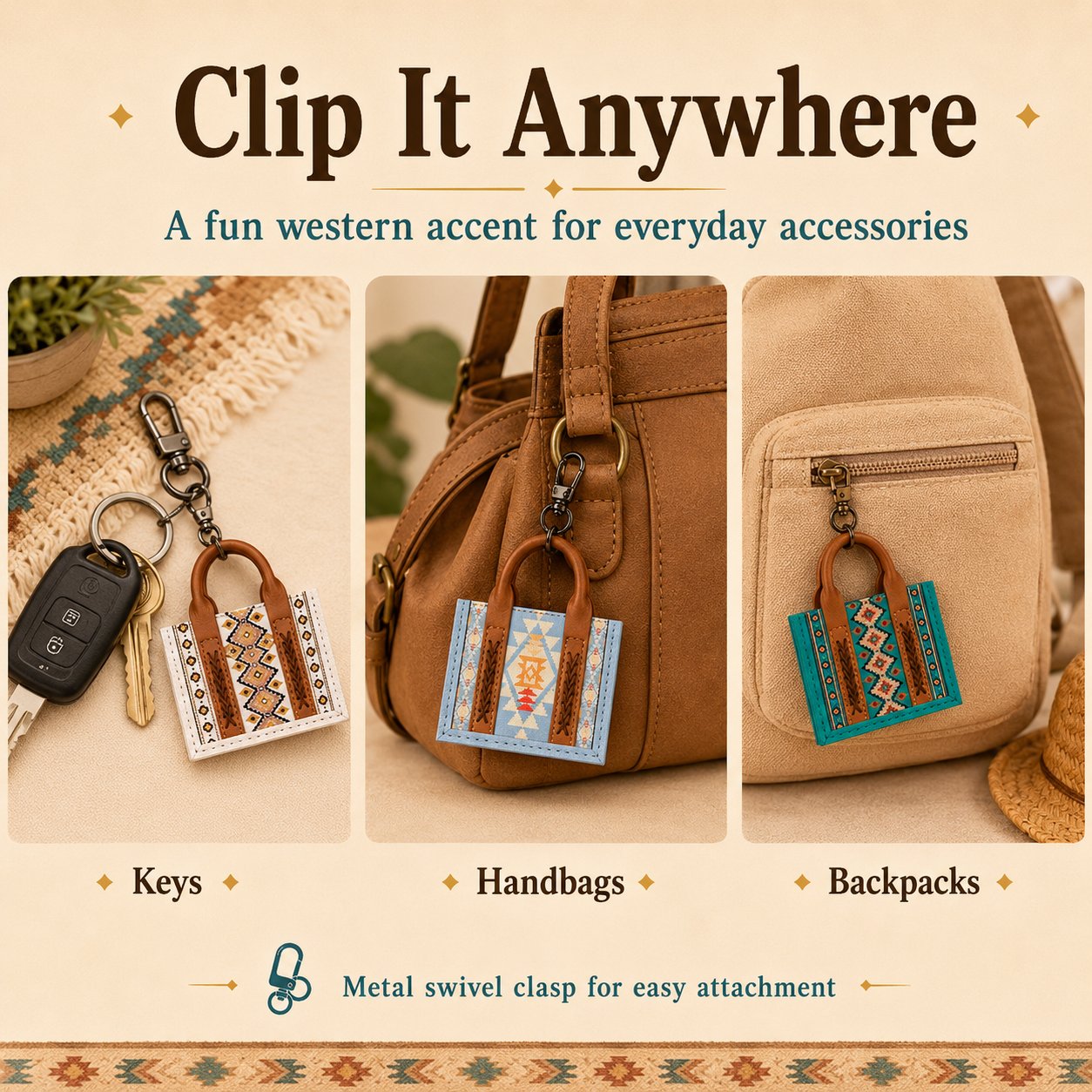 Mini tote keychain clipped to keys handbag and backpack