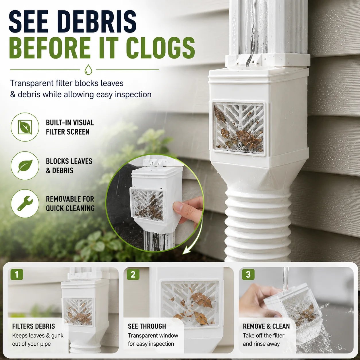 Visible removable downspout debris filter Visible removable downspout debris filter