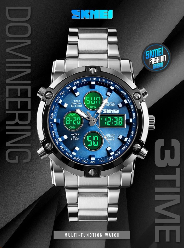 SKMEI Fashion Multi functional Sports Men's Watch, 48Mm Metal Case with 3 Time Zone Night Light 30M Waterproof Stainless Steel Strap, Dual Time Display, Timer, Calendar, Alarm Clock Function Watch Wristwatch SKMEI Fashion Multi functional Sports Men's Watch, 48Mm Metal Case with 3 Time Zone Night Light 30M Waterproof Stainless Steel Strap, Dual Time Display, Timer, Calendar, Alarm Clock Function Watch Wristwatch