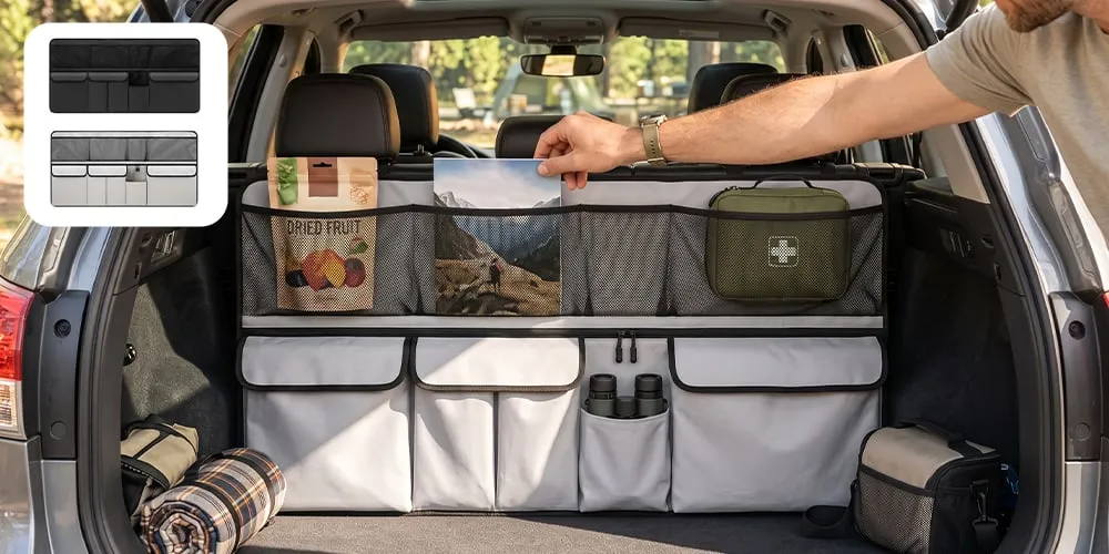 Car trunk organizer hanging on rear seats with floor space available