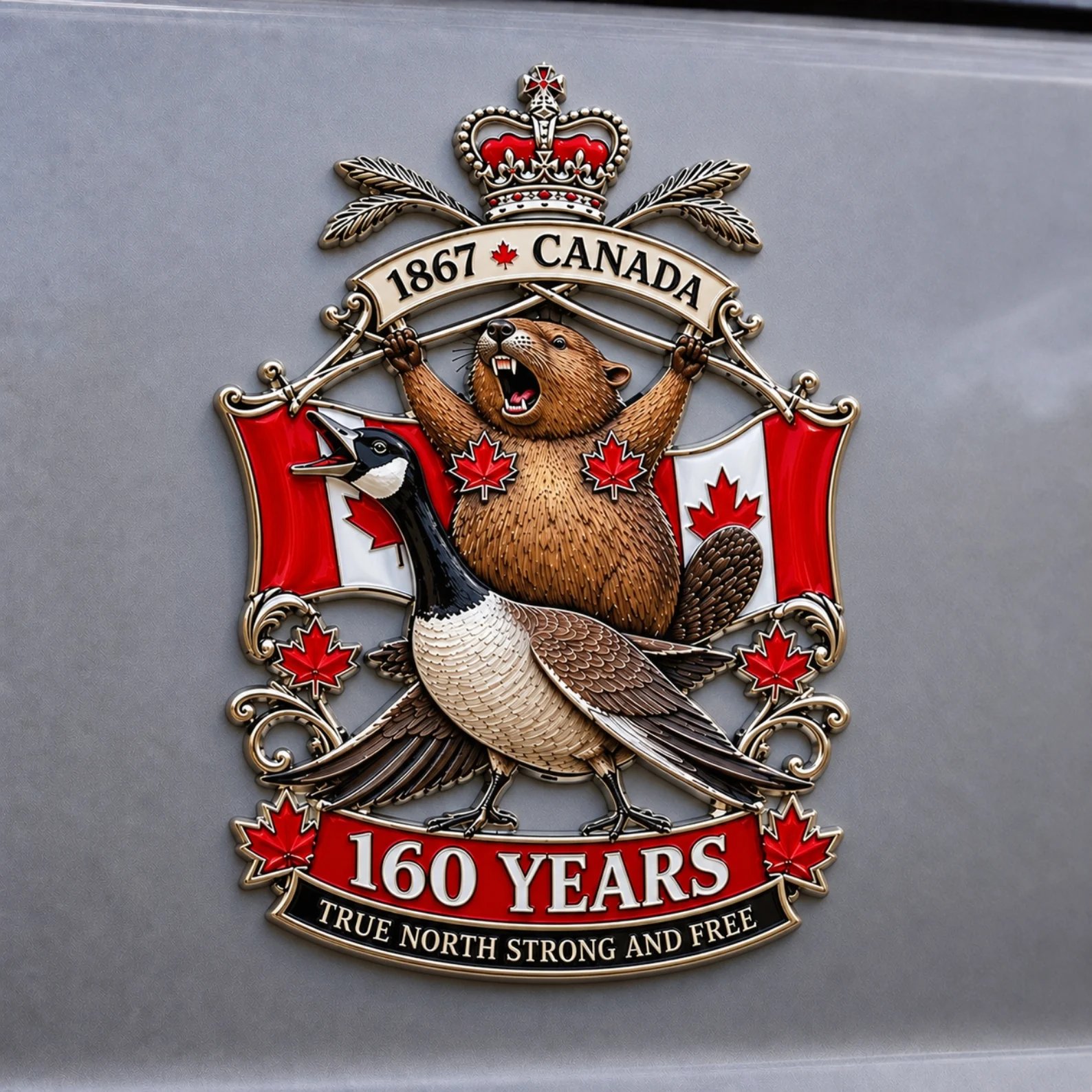 Canada anniversary metal emblem displayed on vehicle
