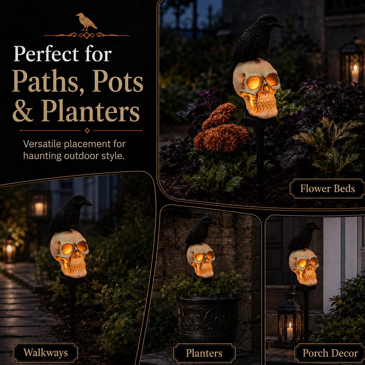 Solar-powered raven skull Halloween garden light