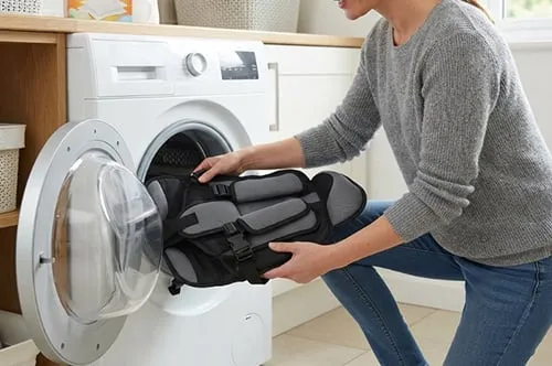 Child travel cushion with washable fabric