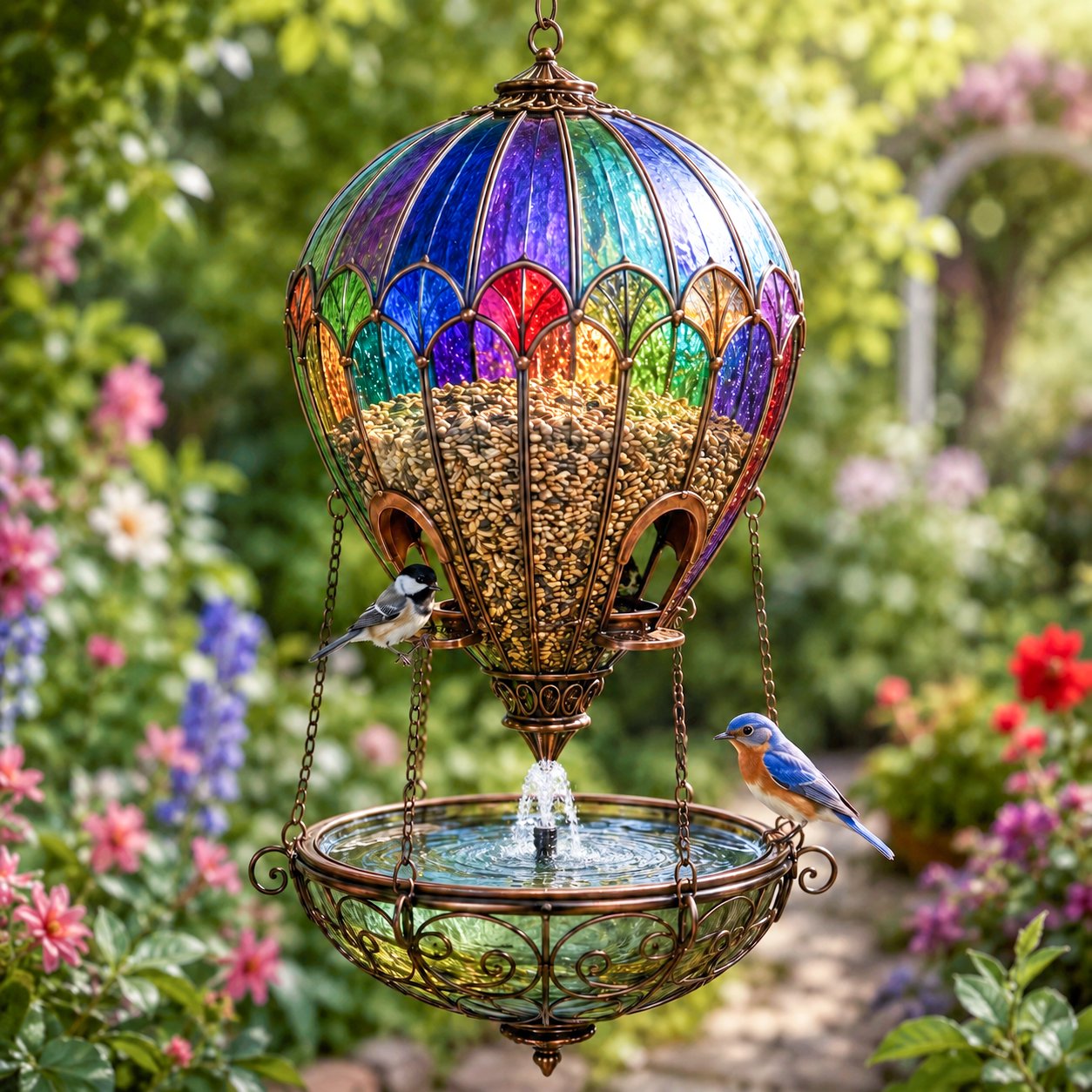 Colorful hot air balloon style hanging bird feeder
