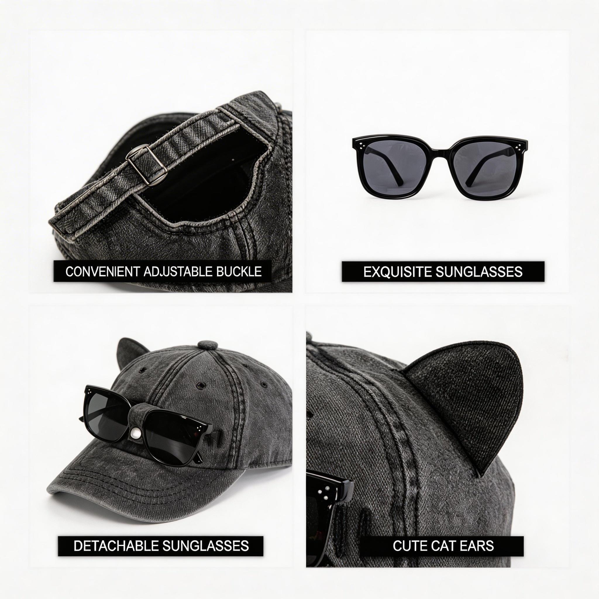 Detail collage showing adjustable buckle detachable sunglasses and cat ears