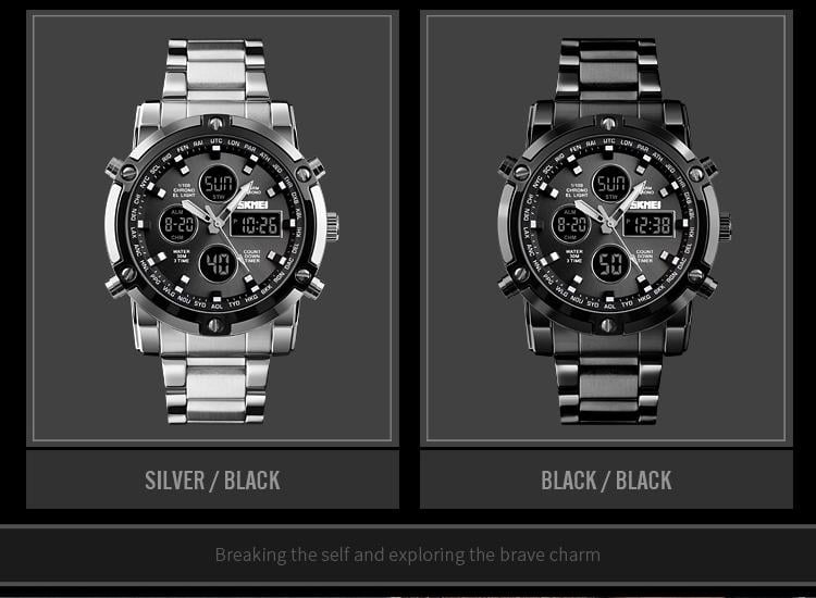 SKMEI Fashion Multi functional Sports Men's Watch, 48Mm Metal Case with 3 Time Zone Night Light 30M Waterproof Stainless Steel Strap, Dual Time Display, Timer, Calendar, Alarm Clock Function Watch Wristwatch SKMEI Fashion Multi functional Sports Men's Watch, 48Mm Metal Case with 3 Time Zone Night Light 30M Waterproof Stainless Steel Strap, Dual Time Display, Timer, Calendar, Alarm Clock Function Watch Wristwatch