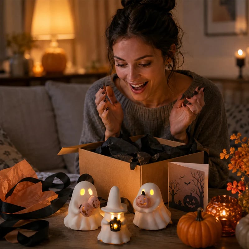 Luminous ghost ornament set for mantel shelf and tabletop decor