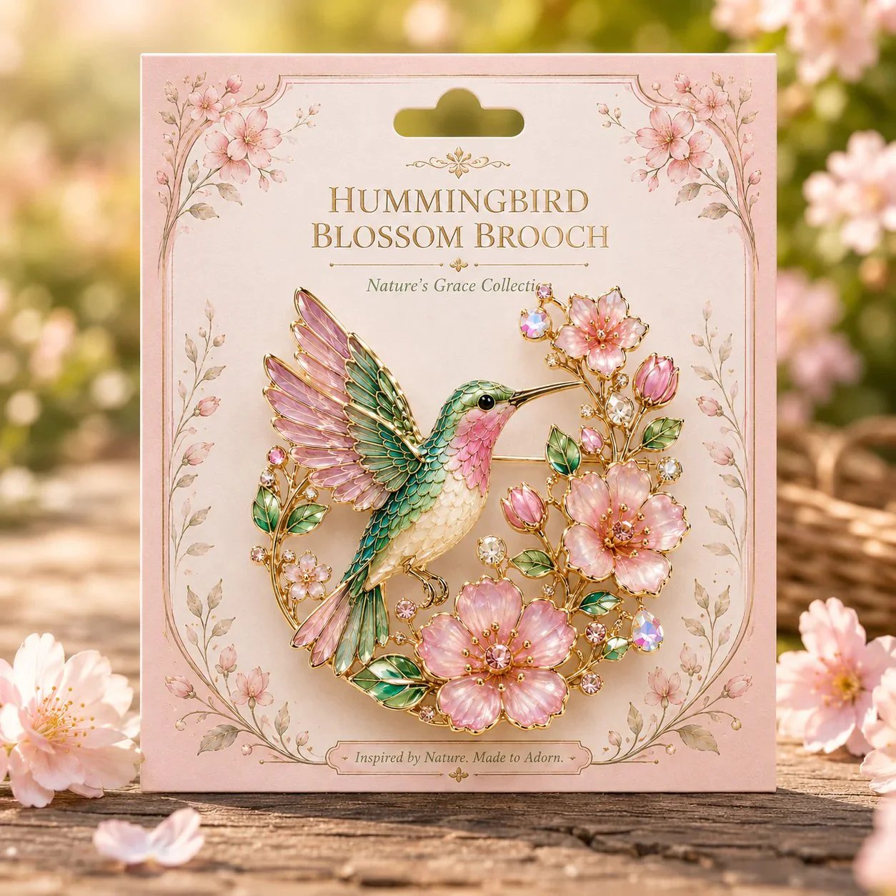 Hummingbird blossom brooch display