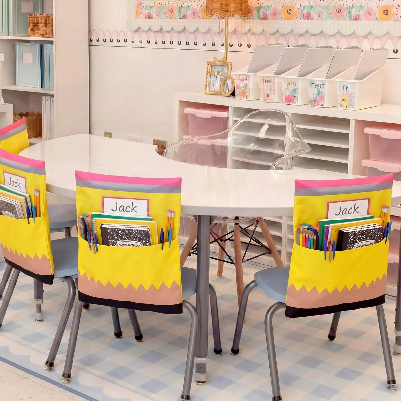Classroom chair pocket organizer for preschool kindergarten elementary reading corner and art room