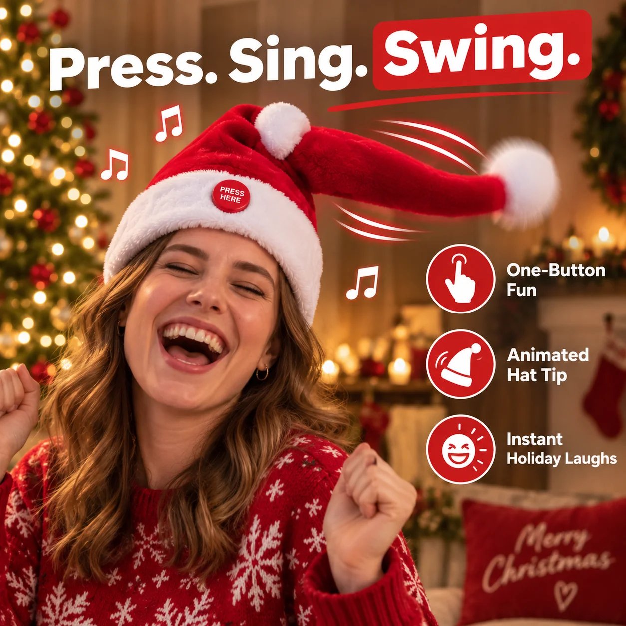 Woman wearing dancing Santa hat with one button activation