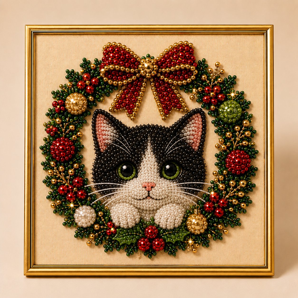 Completed Santa cat pearl art in gold frame