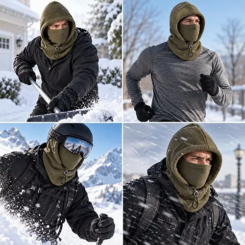 Integrated winter hat shown during snow clearing and outdoor winter activities